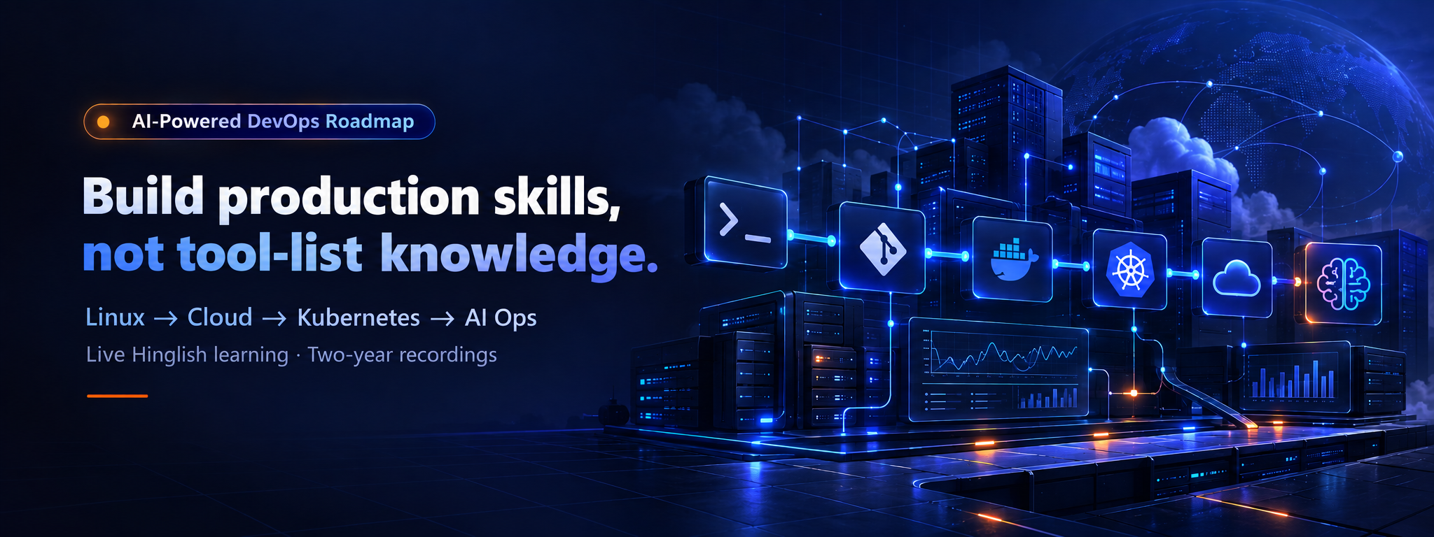 AI-Powered DevOps Roadmap — Build production skills, not tool-list knowledge. Linux to Cloud to Kubernetes to AI Ops. Live Hinglish learning, two-year recordings.